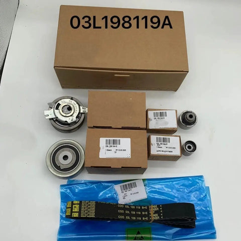 Get That V Belt Drive Running Smooth Again With This Awesome Timing Tensioner Kit For Your VW Passat Alltrack Engine Perfect Fit And Easy Install To Keep Your Ride Lit And Cruising Hard Without Any Hiccups On The Road Today. VW timing tensioner kit, steel rollers, belt, and boxes on white background