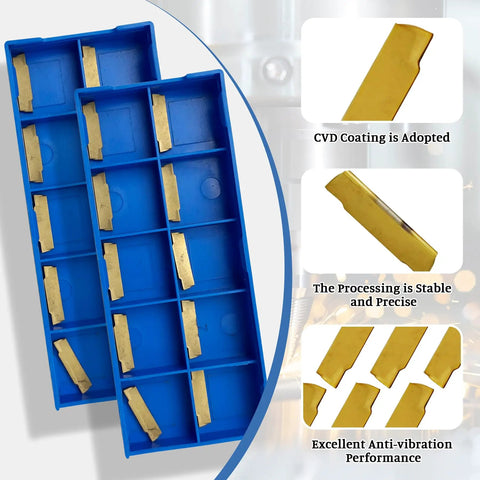 Heavy Duty 20Pcs MGMN150-G Carbide Grooving Cut-Off Inserts 4mm Wide 16mm Long 1.5mm Thick 0 Degree Lead Angle With CVD Yellow Coating in blue box