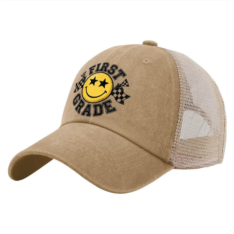 Too Cool For 1st Grade Mesh Baseball Hats For Men And Youth Trucker Cap Style with smiley face and checkered flags design