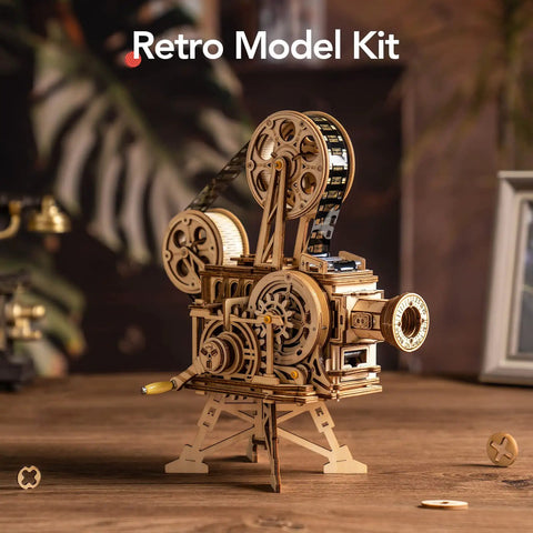 Vitascope 3D Wooden Puzzle Vintage Film Projector Model Kit With Hand Crank 183 Piece Wood Building Set For Adults And Teens Ideal Gift For Hobbyists And Movie Buffs, wooden model on table