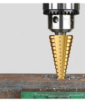 Heavy Duty Steel Twist Step Drill Bit Kit With Serrated Edges For Metal And Woodworking. Gold 32mm step bit drilling steel plate.