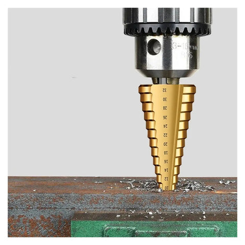 Heavy Duty Steel Twist Step Drill Bit Kit With Serrated Edges For Metal And Woodworking. Gold 32mm step bit drilling steel plate.