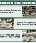 Three images highlighting reasons to choose Bocolon brand with factory, inventory, and customization visuals.