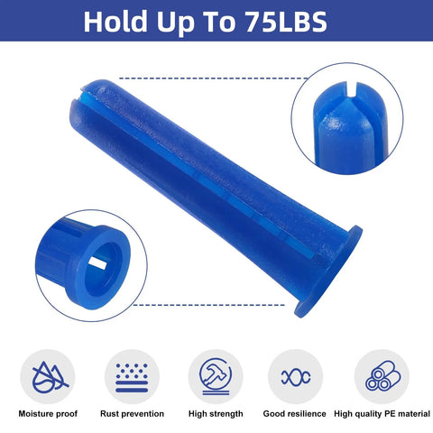 Close-up of blue concrete wall anchor from All In One Concrete Anchors And Screws Kit For Masonry Projects with moisture proof feature