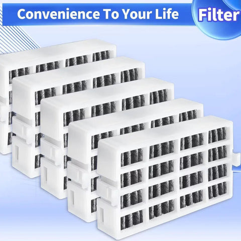 Fridge Air Filter Replacement Cartridge 6 Pack That Keeps Odors Out For Up To 6 Months Fits Whirlpool Maytag KitchenAid JennAir Kenmore AIR1 Fresh Flow White, showing six white filters against a blue background