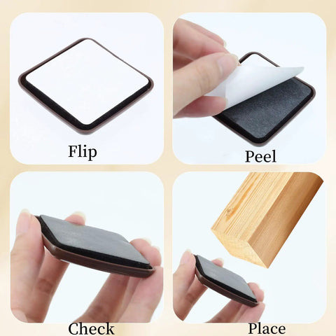 Four steps showing Eight Pack Self Stick Furniture Sliders Brown Square Self Adhesive Carpet Sliders Furniture Moving Pads Glides installation.