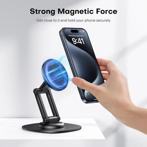 360 Degree Rotating Magnetic Phone Stand For Desk With Adjustable Foldable Aluminum MagSafe Holder And Non Slip Base, Your Go To Desk Accessory For iPhone 17 16 15 14 Pro Max Air Black