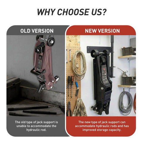 Side-by-side comparison of old and new Heavy Duty Wall Mount Jack Holder For Hydraulic Floor Jacks Sturdy Steel Bracket Wall Rack.