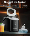 Nugget Ice Maker Countertop Portable Sonic Pebble Ice Maker with self cleaning feature in a kitchen setting, black.