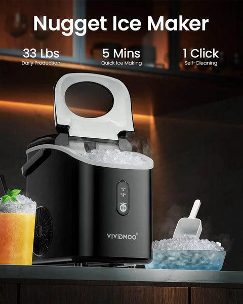 Nugget Ice Maker Countertop Portable Sonic Pebble Ice Maker with self cleaning feature in a kitchen setting, black.