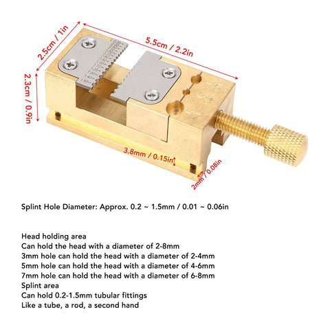 Brass Watch Repair Vise Clamp Kit With 0.2-1.5mm Hole Range featuring precise measurement details