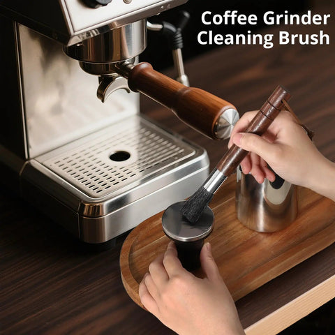 Person cleaning espresso machine with Two Pack Coffee Grinder Cleaning Brush With Natural Walnut Wood Handle And Black Boar Bristle For Grinders