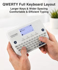 Sweet Setup Wireless Label Maker With Fast Typing Keyboard; hands holding device showing QWERTY keyboard layout for typing.