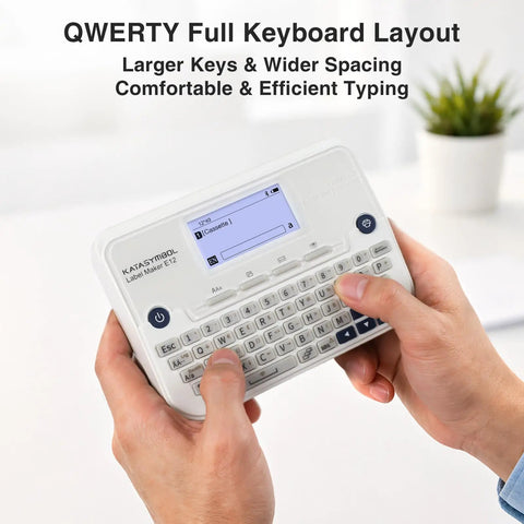 Sweet Setup Wireless Label Maker With Fast Typing Keyboard; hands holding device showing QWERTY keyboard layout for typing.