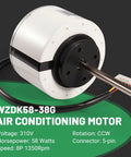 Beefed-Up DC Brushless Fan Motor 58W 8P 1350R/min CCW 5-Wire Replacement For Midea Mini Split Inverter Unit shown with specs