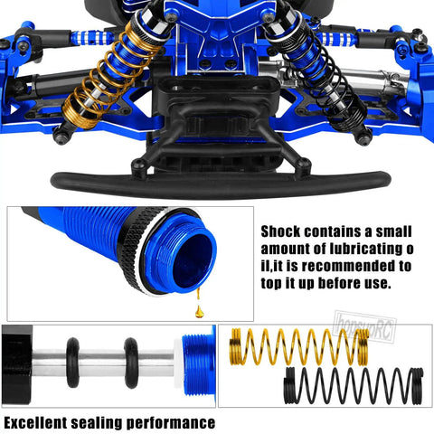 Close-up of OneTenth Big Rock 3S 4x4 Upgrade Kit Pro Grade Aluminum Shocks with blue springs and lubricating oil feature.