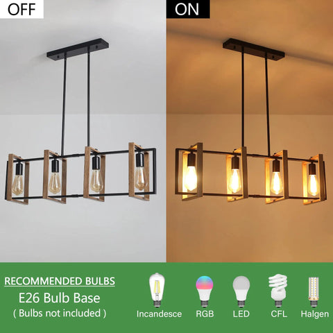 4 Light Farmhouse Pendant Lights For Kitchen Island Rustic Metal Rectangle Pendant Lighting Chandelier Style Cozy Vibe Over Table Dining Room Linear Lighting Brown Finish showcasing on and off settings
