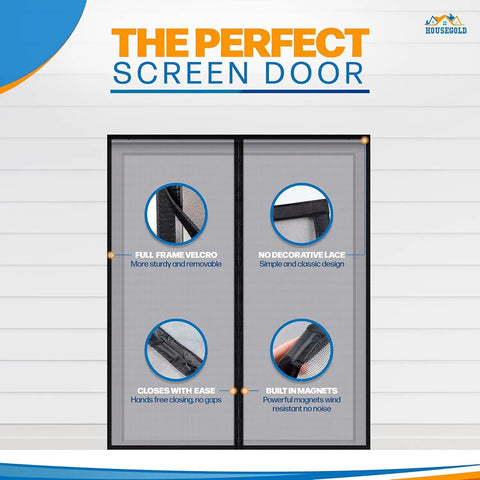 Durable Fiberglass Magnetic Screen Door For 72x80 French Doors, highlighting full frame velcro, magnets, and design features