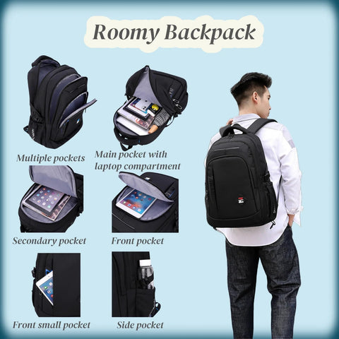 Roomy black backpack with multiple pockets, laptop compartment; worn by teen. Not a Black Kids Rolling Backpack For School With Six Wheels.