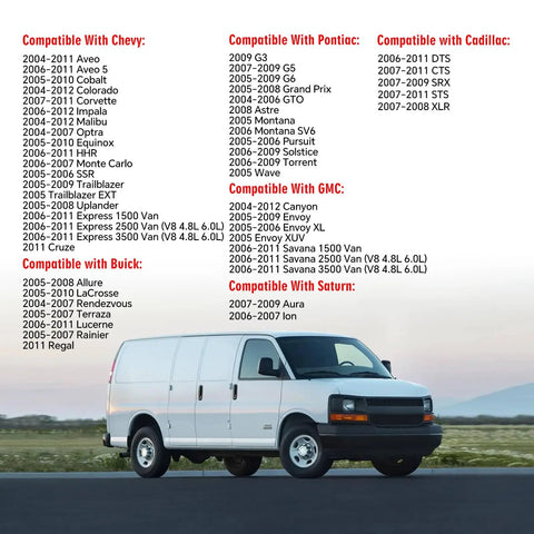 White van compatible list for Chevrolet Chevy GMC Cadillac Buick Pontiac Corvette Cobalt Malibu Impala Equinox Cruze models