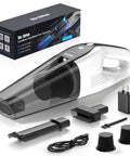 Powerful Cordless Handheld Vacuum For Car And Home With Brushless Motor And Beast Suction Rechargeable Portable Cleaner Washable Filter Pet Hair Removal White And Black with accessories.