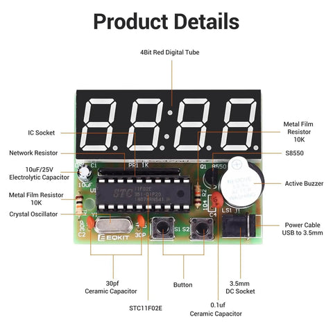 Four Digit Digital Clock Kit With PCB For Learning Electronics DIY Alarm Clock Soldering Project And English Instructions labeled PCB components
