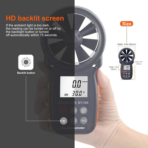 HD backlit handheld anemometer wind speed and airflow gauge with temperature and wind chill, pro grade digital meter for HVAC and drones
