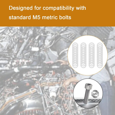 48 Piece M5x7mm Shim Washer Set Precision Steel Spacers For CNC Automotive And Mechanical Work Includes 0.1 0.2 0.3 0.5 Millimeter Thickness For Easy Leveling Alignment And Tight Fits displayed with M5 bolt and mechanical background.