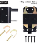 Heavy Duty Two Way Gate Latch hardware with mounting brackets and screws for secure farm fence closure.
