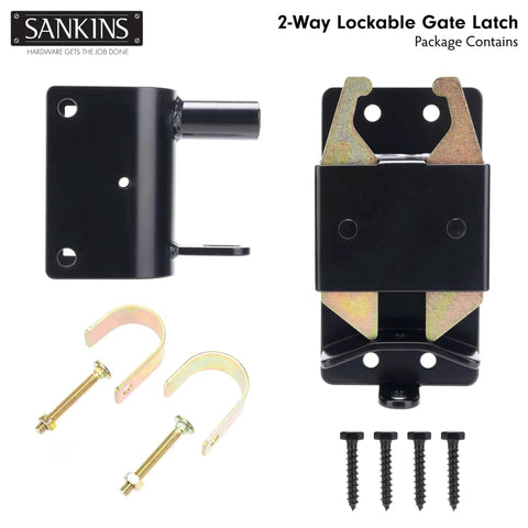 Heavy Duty Two Way Gate Latch hardware with mounting brackets and screws for secure farm fence closure.