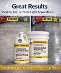 Rock Solid And Hella Durable Single Component Polyurethane Concrete Floor Sealer With UV Stain Resistant Aliphatic Urethane For Top Shelf Clear Protective Finish On Garage Slabs And Microtoppings Five Gallons shown in before and after transformation on a workshop floor.
