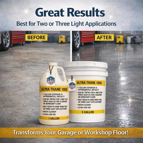 Rock Solid And Hella Durable Single Component Polyurethane Concrete Floor Sealer With UV Stain Resistant Aliphatic Urethane For Top Shelf Clear Protective Finish On Garage Slabs And Microtoppings Five Gallons shown in before and after transformation on a workshop floor.