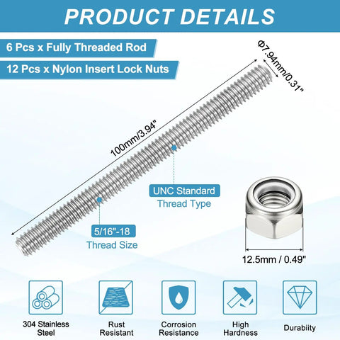 Six Pack 5/16-18 UNC Fully Threaded Stainless Steel Rods 100mm Long Right Hand Threads Include Twelve Nylon Insert Lock Nuts For Clamps Hangers U-Bolts Heavy Duty 304 Stainless Silver Tone product details infographic.