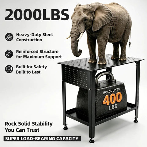 Heavy Duty Steel Welding Shop Beast Built Damn Tough To Crush Two Thousand Pounds 36 X 24 Inch Black Worktable with elephant.