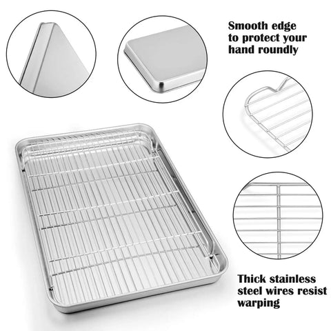 Stainless Steel Baking Sheet Set With Rack For Oven And Dishwasher Safe 19.6 Inch Two Pans And Two Racks, smooth edges, thick wires