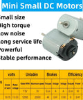 Twenty Piece Mini DC Motors Pack For DIY Kids Projects Tiny 1.49 By 0.77 Inch Motors Operating At 1.5V 3V 5V 6V 12500 RPM Nominal Up To 25000 RPM Max Ideal For STEM Toys Education Kits And Hobby Projects showing specifications