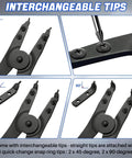 Heavy Duty 16 Inch Snap Ring Plier Set With Internal And External Circlip Pliers Straight And Angled Jaws Includes Four Quick Change Tips Two 45 Degree And Two 90 Degree For Easy Install And Removal Of Snap Rings showing interchangeable tips for versatile use.