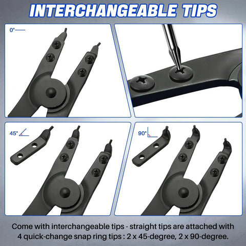 Heavy Duty 16 Inch Snap Ring Plier Set With Internal And External Circlip Pliers Straight And Angled Jaws Includes Four Quick Change Tips Two 45 Degree And Two 90 Degree For Easy Install And Removal Of Snap Rings showing interchangeable tips for versatile use.