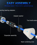 Exploded view of Universal Cam Bearing Installation And Removal Tool Kit with expanding adapters and nylon centering cone.