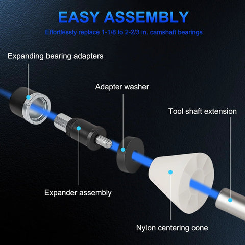 Exploded view of Universal Cam Bearing Installation And Removal Tool Kit with expanding adapters and nylon centering cone.