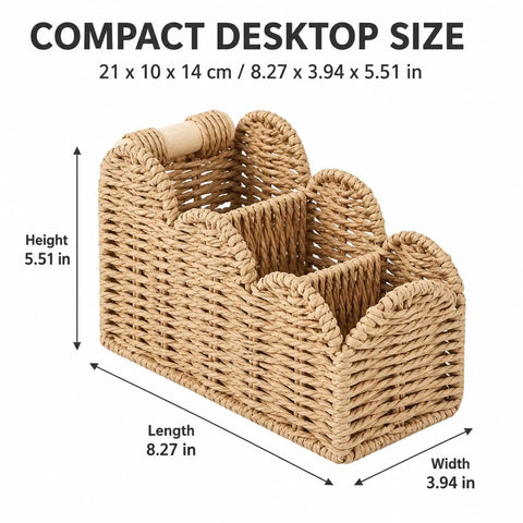Handwoven Paper Rope Desk Organizer Basket With Wooden Handle Keeps Your Desk Clean With Must Have Multi Compartment Caddy