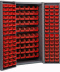 Top Tier Deep Door Bin Cabinet Loaded With 156 Red Plastic Storage Totes For Shop Organization heavy-duty polypropylene containers.