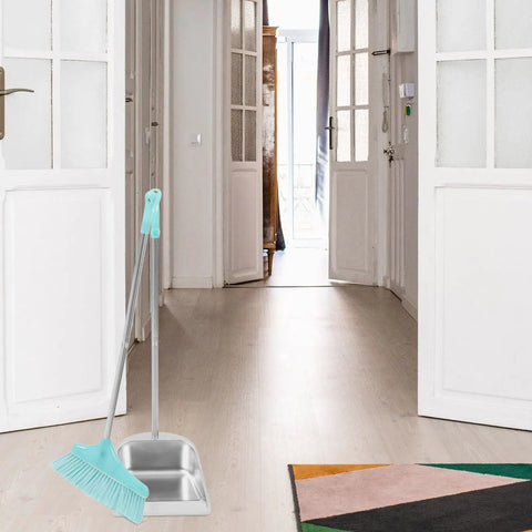 Heavy Duty Broom And Dustpan Set With Stand Up Broom Stainless Steel Anti Wind Dustpan For Home And Office Cleaning Easy Breezy Storage Lightweight And Durable For Quick Cleanups, shown in hallway