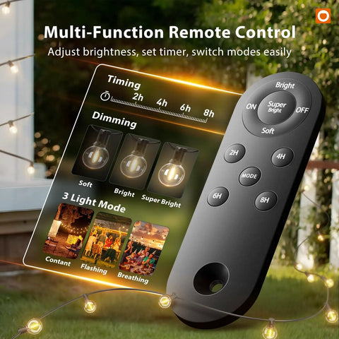 Remote control for Outdoor Solar String Lights With Remote No Outlet Needed, featuring dimming options and timer settings.