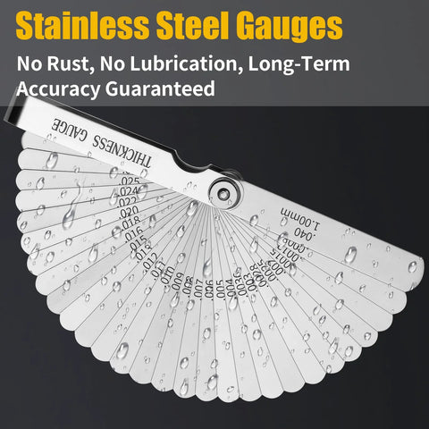 Front view of stainless steel feeler gauge set fanned with 32 straight and 16 angled blades, dual SAE/Metric markings.