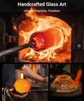 Handcrafted glass art piece being shaped in a furnace with molten orange glass, showcasing traditional crafting methods.