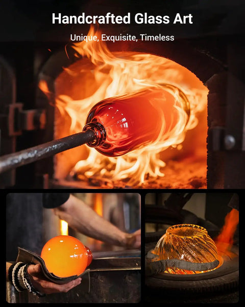 Handcrafted glass art piece being shaped in a furnace with molten orange glass, showcasing traditional crafting methods.