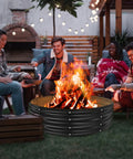 Group around 48 Inch Round Galvanized Fire Pit Ring Foldable for hangouts; black gray rust resistant steel, outdoor setting