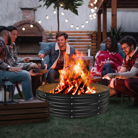 Group around 48 Inch Round Galvanized Fire Pit Ring Foldable for hangouts; black gray rust resistant steel, outdoor setting