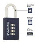 Beefy 40mm Four Dial Resettable Sports Padlock with zinc die-cast body and chrome plated shackle, navy finish, showing features.
